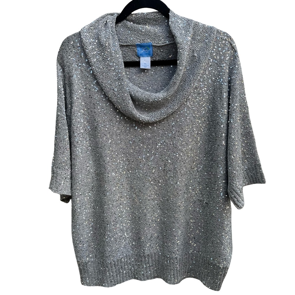 Lark Lane Silver Sequin Cowl Neck Metallic Glam Party Cocktail Knit Sweater XL